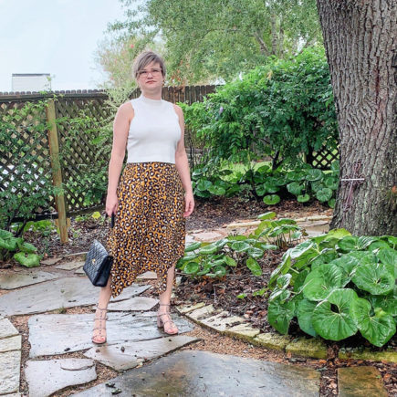 leopard midi skirt with mock neck tank top look