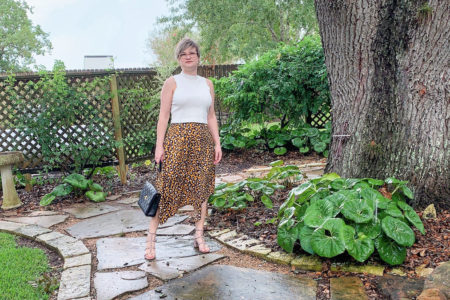 leopard midi skirt with mock neck tank top look