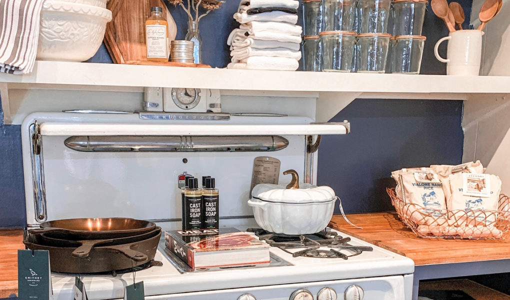 kitchen with blue wall