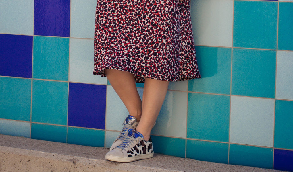red leopard skirt with leopard sneakers