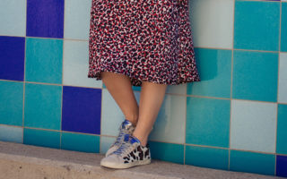 red leopard skirt with leopard sneakers