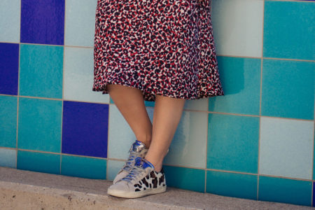 red leopard skirt with leopard sneakers