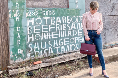 ruffle striped buttondown shirt with jeans and accessories