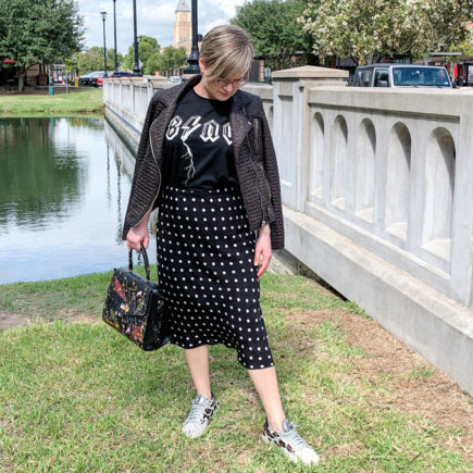 moto jacket and polka dot midi skirt