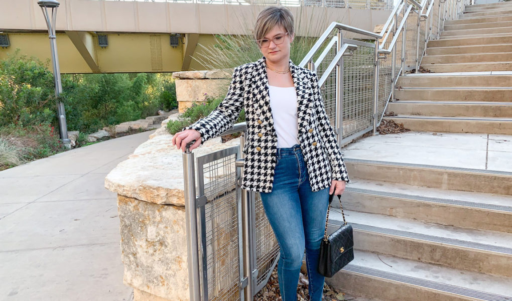 tweed jacket with jeans and heels