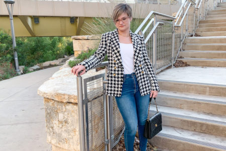 tweed jacket with jeans and heels