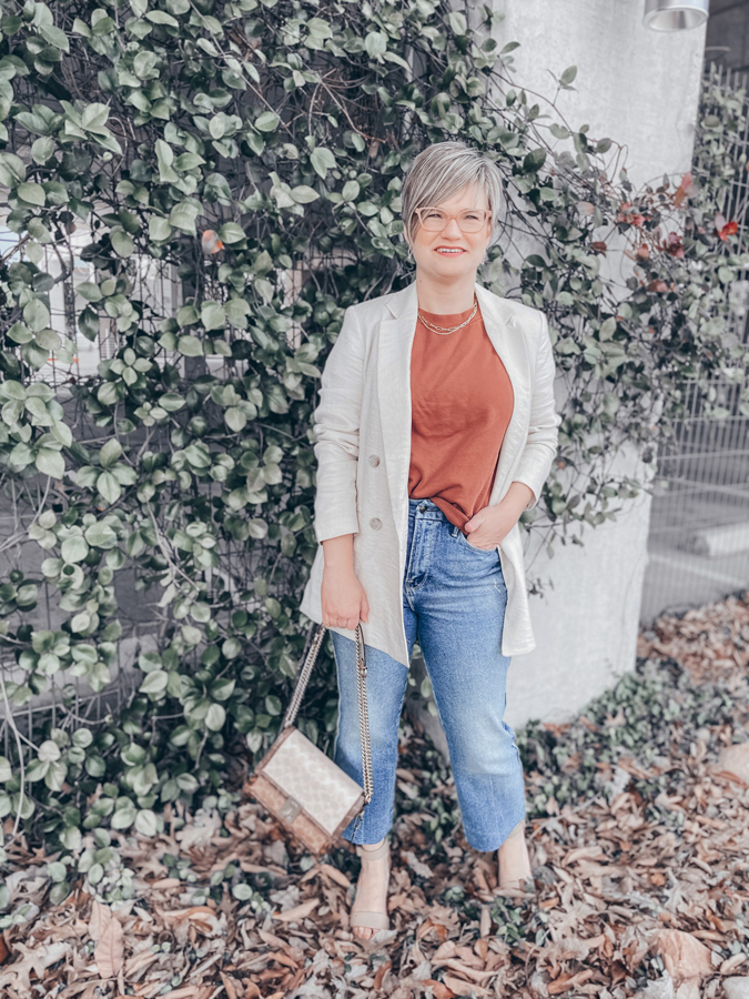 Cream blazer and clearance jeans